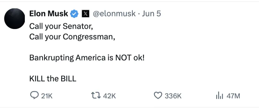 马斯克特朗普四天撕破脸，特斯拉血亏 1 万亿