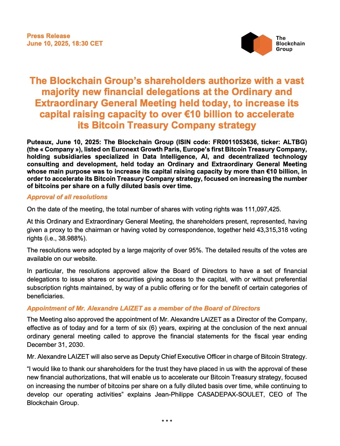 法国版微策略？The Blockchain Group 豪言壮志要筹资百亿欧元成立比特币财库